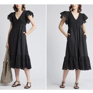 Rails Clementine Eyelet Midi Dress Womens Size Small Black Smocked Cotton Blend